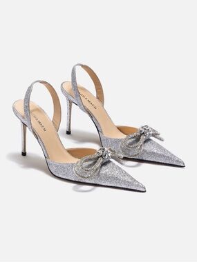 MACH & MACH Silver Double Bow Glitter Heels